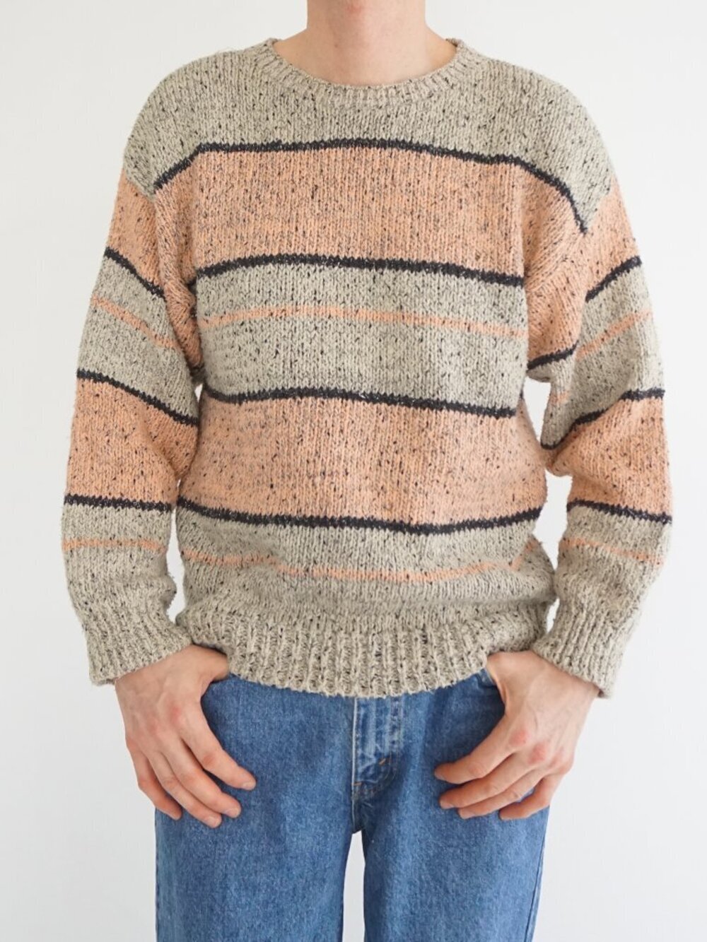 Tony Lambert Beige Peach Striped Knit Sweater Long Sleeve Casual Classic Small